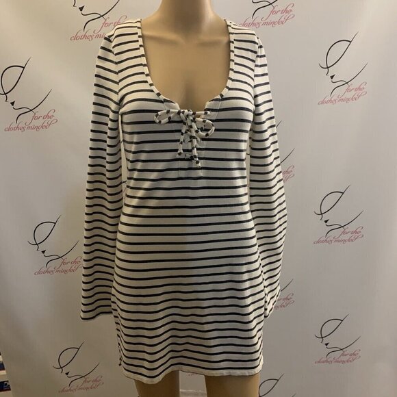 Roxy. Sz Small. Cream/Black Stripe Cotton Knit Dress. Long Sleeve. Tie. B107 - Picture 1 of 7